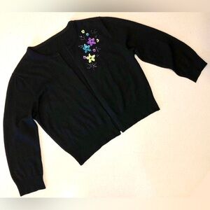 Vintage Black Knit Cropped Cardigan Sweater with Floral Sequins & Beads - M